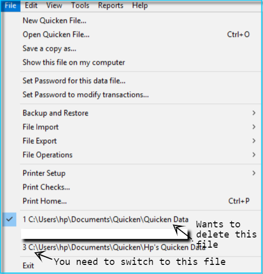 Remove Quicken Data File From File Menu